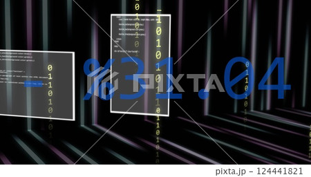 Percentage and code image over digital data stream background Percentage and code image over digital data stream background 124441821