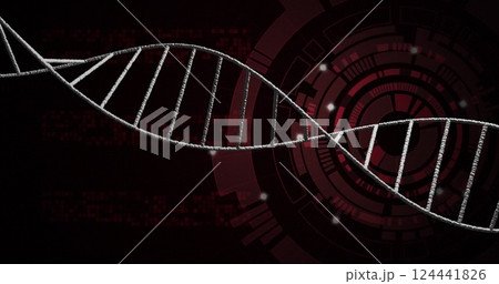 DNA strand over red and black digital interface, scientific data processing 124441826