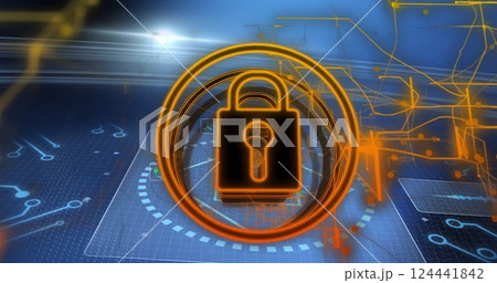 Digital padlock icon over futuristic data security image 124441842