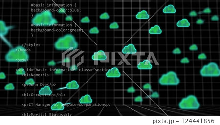 Cloud computing network image over HTML and CSS code on grid background 124441856