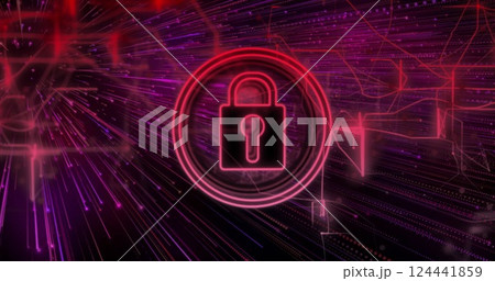 Lock icon and digital security image over abstract purple and red background 124441859