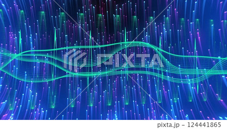 Flowing green wave image over vertical blue and purple light streaks 124441865