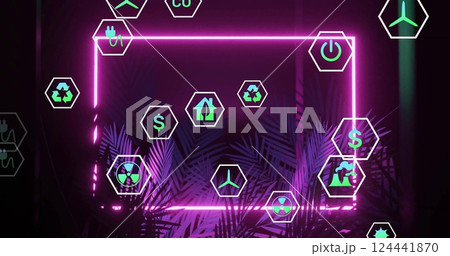 Environmental icons image over neon frame and tropical plants Environmental icons image over neon frame and tropical plants 124441870