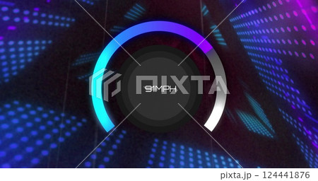 Speedometer image displaying 91 mph over vibrant neon light patterns 124441876