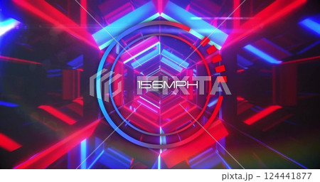 Speedometer showing 156 mph over neon geometric shapes image Speedometer showing 156 mph over neon geometric shapes image 124441877