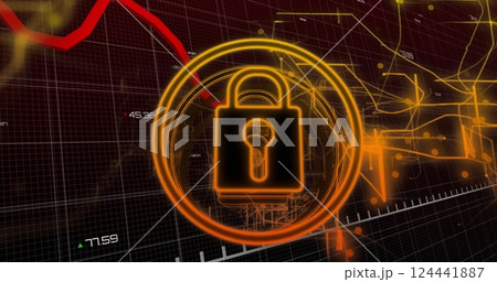 Lock and key security image over financial data and graphs 124441887