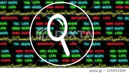Magnifying glass image over fluctuating stock market data with various ticker symbols Magnifying glass image over fluctuating stock market data with various ticker symbols 124441894