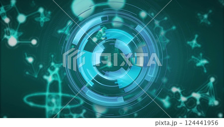 Futuristic circular interface image over molecular structure background Futuristic circular interface image over molecular structure background 124441956