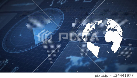 World map and global connections image over blue digital grid background 124441977