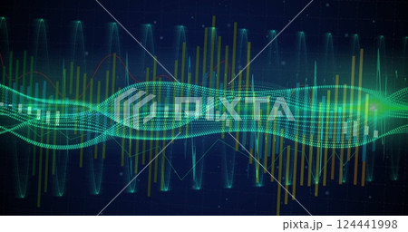 Sound wave and frequency bars image over dark blue background 124441998