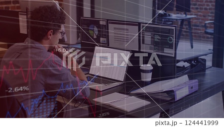 Image of financial data processing over caucasian businessman using computer in office Image of financial data processing over caucasian businessman using computer in office 124441999