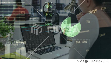 Image of financial data processing over caucasian businesswoman using computer in office Image of financial data processing over caucasian businesswoman using computer in office 124442002