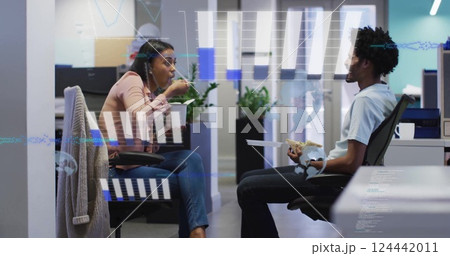 Image of data processing and diagrams over diverse colleagues talking in office Image of data processing and diagrams over diverse colleagues talking in office 124442011