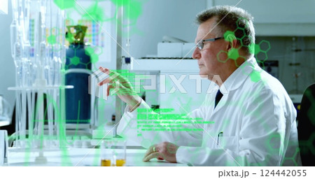 Image of scientific data processing over caucasian male scientist in laboratory 124442055