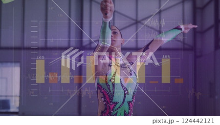 Image of financial data processing over caucasian female gymnast Image of financial data processing over caucasian female gymnast 124442121