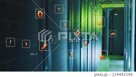 Image of eco icons and digital data processing over computer servers Image of eco icons and digital data processing over computer servers 124442194