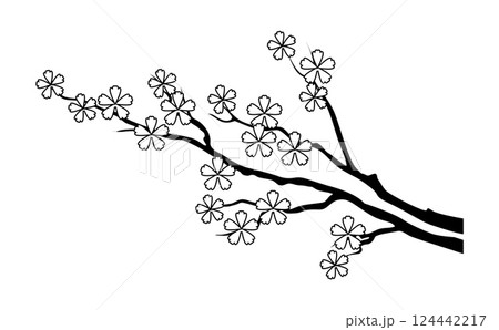 Dragon silhouette. Sakura branch. Spring blooming. Japanese cherry tree. Delicate blossoms. Chinese garden nature. Black and white stem. Floral outline element. Vector Asian plant monochrome drawing Dragon silhouette. Sakura branch. Spring blooming. Japanese cherry tree. Delicate blossoms. Chinese garden nature. Black and white stem. Floral outline element. Vector Asian plant monochrome drawing 124442217