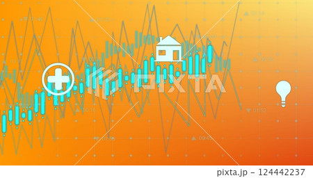 Image of diagrams over data processing on orange background 124442237
