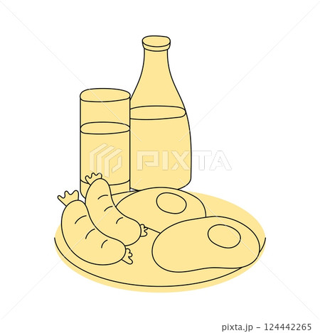 Abstract food kitchen. Dinner cooking. Fried eggs with sausages. Juice glass. Mild bottle cup. Scrambled yolk. Diet brunch. Gourmet breakfast. Hot omelet on plate. Line sketch. Vector culinary dish 124442265