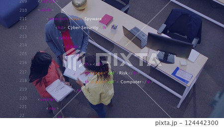 Image of digital data processing over diverse business people in office 124442300