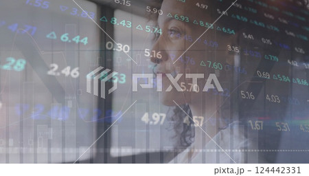 Image of financial data processing over biracial businesswoman in office 124442331