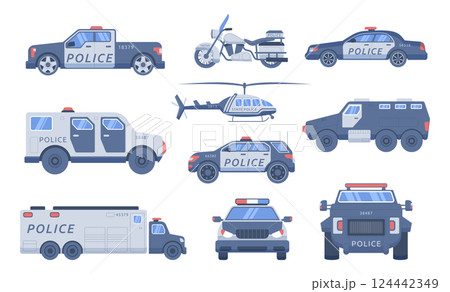 Police transport. Truck vehicle. Patrol car. SWAT helicopter. Safety machine. Security service authority. Automobile van. Cop to protect. Policeman help. Sheriff SUV. Auto traffic. Vector garish set Police transport. Truck vehicle. Patrol car. SWAT helicopter. Safety machine. Security service authority. Automobile van. Cop to protect. Policeman help. Sheriff SUV. Auto traffic. Vector garish set 124442349