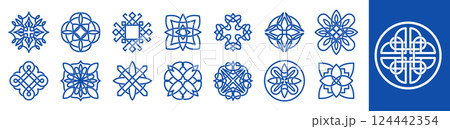 Celtic knot logo. Scottish, Irish pattern frame. Symbol Viking. Traditional square tattoo ornament. Book design. Geometric style. Logotype minimal design. Nordic pictogram. Vector line garish shape 124442354