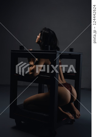 Woman Kneeling in a Cage prepared for bdsm game 124442624