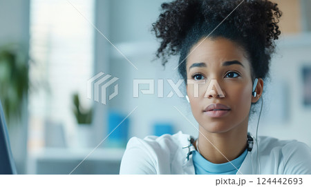 Healthcare Professional Engaging with Stroke Patient in Innovative Wearable Exoskeleton Technology 124442693