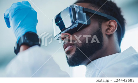 Scientist Conducts Clinical Trials Using Wearable Technology in Modern Laboratory Setting 124442695