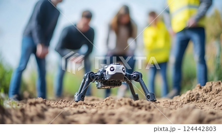 Robotic Spider Assisting Workers in Agricultural Field During Daytime in Sunny Weather 124442803