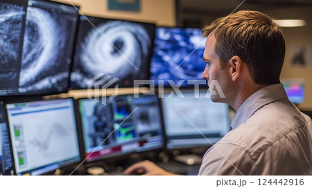 Meteorologist Monitoring Hurricane Data on Multiple Computer Screens in an Advanced Weather Center Meteorologist Monitoring Hurricane Data on Multiple Computer Screens in an Advanced Weather Center 124442916