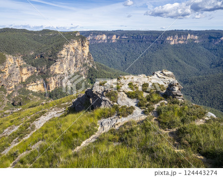 Rocky mountains with waterfall in distance Rocky mountains with waterfall in distance 124443274