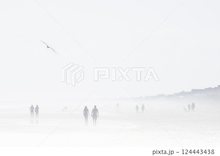 Silhouettes of people in mist on Topsail Island Beach 124443438