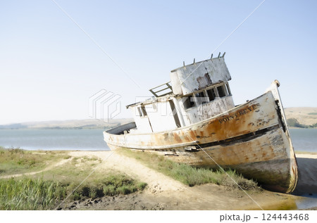 Point Reyes old abandoned beached boat 124443468