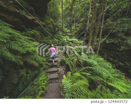 Rear view of woman walking on stone steps in forest 124443572