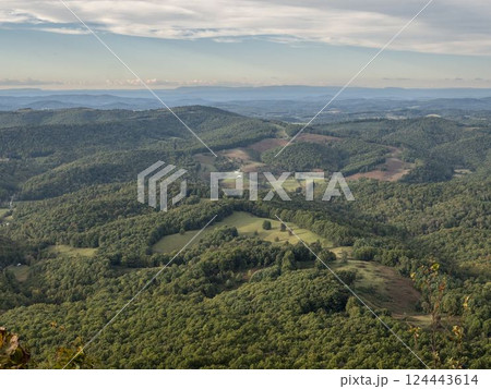High angle view of green hills and forests High angle view of green hills and forests 124443614