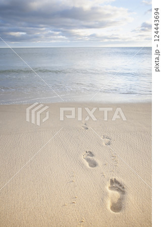 Footprints in sand and calm sea 124443694