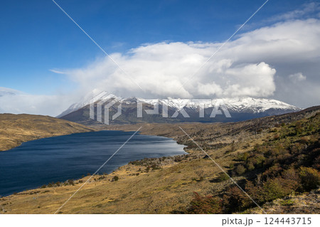 Clouds over lake and peaks of Torres Del Paine in sunlight Clouds over lake and peaks of Torres Del Paine in sunlight 124443715