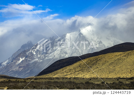 Snowcapped peaks of Torres Del Paine in sunlight 124443719