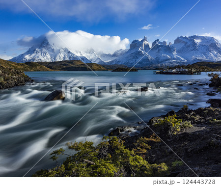Falls at outlet of Lake Pehoe in Torres Del Paine, long exposure 124443728