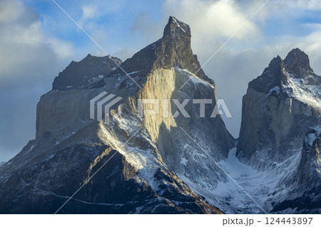Snowcapped peaks of Torres Del Paine in sunlight 124443897