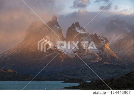Clouds covering peaks of Torres Del Paine 124443907