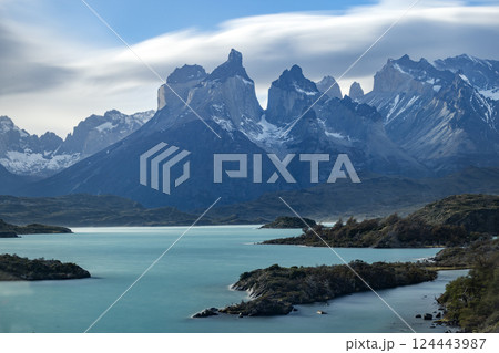 Clouds over Lake Pehoe and peaks of Torres Del Paine Clouds over Lake Pehoe and peaks of Torres Del Paine 124443987