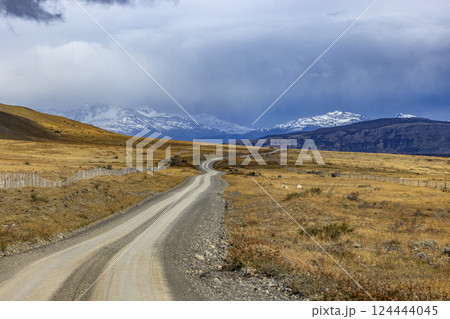 Gravel road leading to Torres del Paine National Park 124444045
