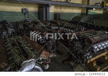 Military tank engines stored warehouse Military tank engines stored warehouse 124444212