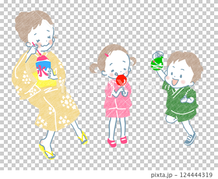 お祭りを楽しむ浴衣と甚平姿の子供たち 124444319