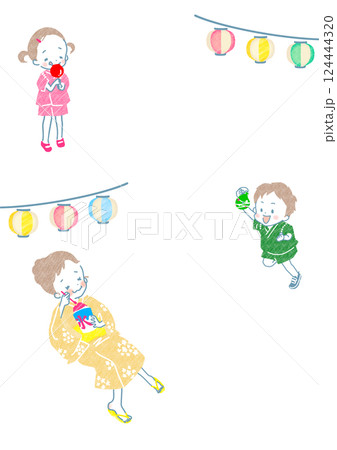 夏祭りを楽しむ子供達とカラフル提灯の背景イラスト 124444320
