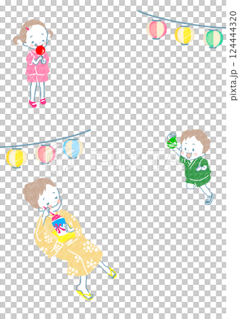夏祭りを楽しむ子供達とカラフル提灯の背景イラスト 124444320