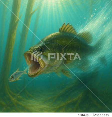 ベイトを追い詰めて捕食寸前のブラックバス 124444339